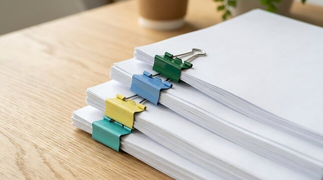Stack of white paper documents organized with colorful binder clips on a light wooden desk surface