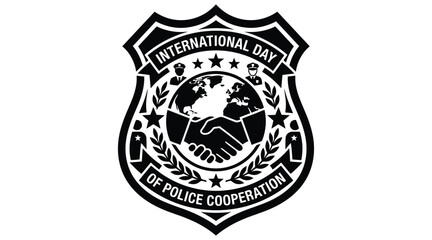 Naklejka premium Police cooperation badge silhouette with world map and handshake on white background