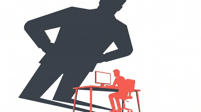 Large Boss Shadow Looming Over Small Male Worker At Computer Desk Office Workplace Pressure Vector Illustration.