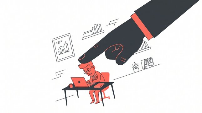 Giant Boss Hand Pushing Down Small Male Employee Working At Laptop Office Micromanagement Concept Vector Illustration.