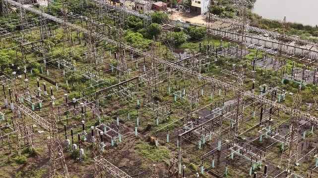 Electrical power substation and distribution equipment seen directly from above