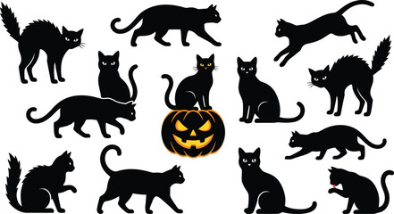Naklejka premium Black cat silhouettes collection with carved pumpkin for Halloween holiday design