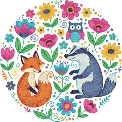 Naklejka premium Created on A Hand drawn whimsical embroidered design of animals and flowers in vibrant colors with vector art on white background