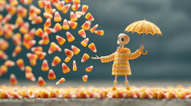 Skeleton in a raincoat holds an umbrella while candy corn falls around it against a dark background with copy space for Halloween and autumn designs.