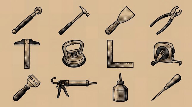 Vintage glazing hand tools and glass working equipment icons on kraft background.