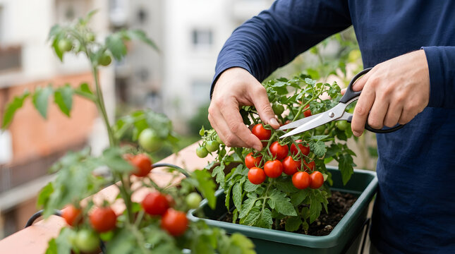 Hands using scissors to harvest cherry tomatoes from a balcony planter. Person cutting a cluster of ripe red homegrown vegetables in an urban garden