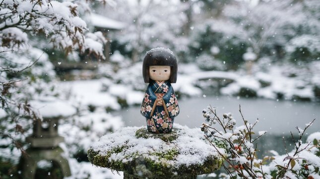 Snowflakes drift gently around a tiny doll. It stands atop mossy stone, serene and still. Traditional robes frame its quiet, thoughtful gaze. Branches bow beneath the weight of winter's hush