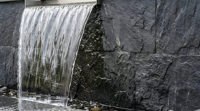 Close up of a modern exterior wall fountain with cascading water. Wide waterfall flowing down a textured dark gray stone surface