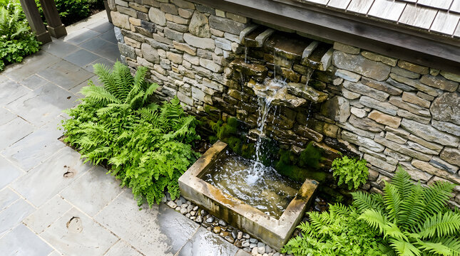 Stone wall fountain cascading into a concrete basin. Outdoor patio exterior with green ferns and slate flooring