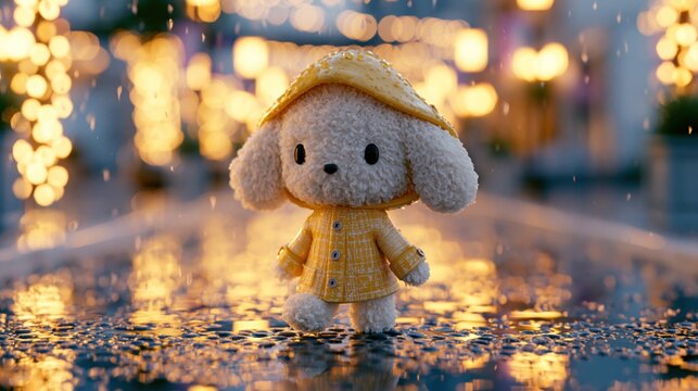 Dog in a yellow raincoat walking on a rainy city street with reflections and blurred lights in the background.