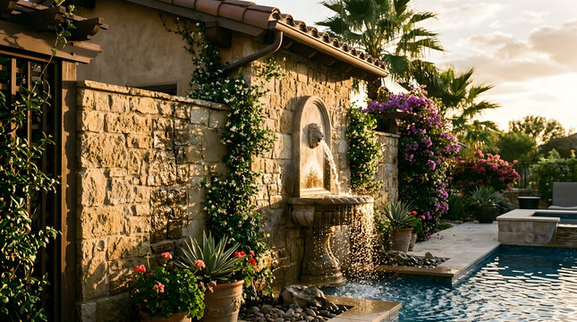 Classic lion head stone wall fountain pouring into a swimming pool. Luxury Mediterranean style backyard at golden hour