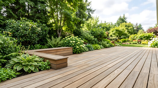 Spacious wooden deck patio with built-in bench in a lush backyard garden. Outdoor flooring and landscaping design. Copy space for text