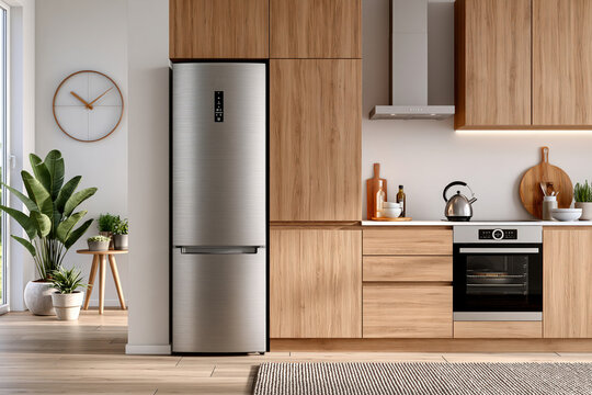 Modern stainless steel refrigerator in contemporary wooden kitchen interior