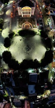 Aerial "mini-world" video of S&atilde;o Sebasti&atilde;o Square and the Amazonas Opera House at night, zooming in
