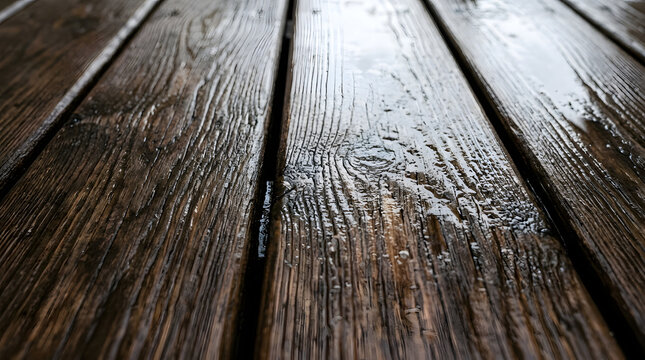 Close up of wet wooden deck boards. Dark brown outdoor patio flooring with water reflections. Detailed wood grain texture
