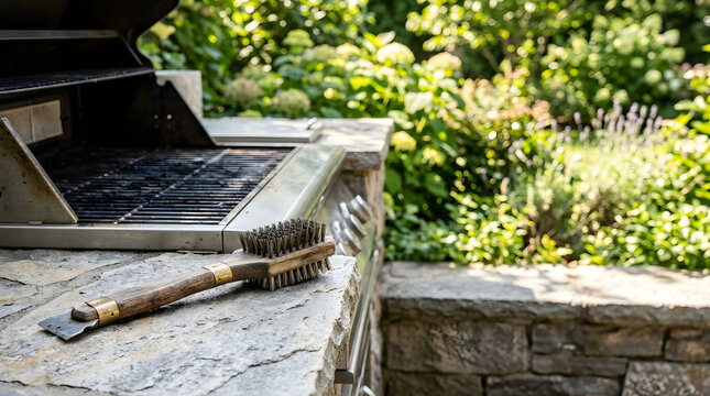 Wire grill brush on a stone countertop next to a built-in barbecue. Stainless steel outdoor kitchen equipment in a lush green backyard