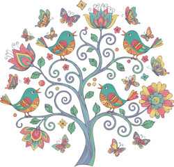 Obraz premium Created on Hand drawn colorful birds standing on tree branches with butterflies and beautiful flowers in a harmonious color with vector art on white background