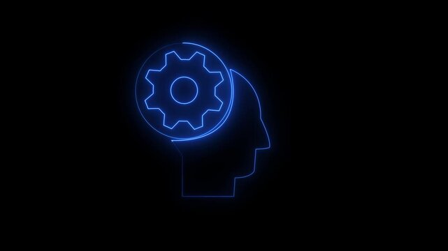 lowing neon line Human head with gear inside icon isolated on black background. Artificial intelligence. Thinking brain sign. Symbol work of brain. 4K Video motion graphic animation