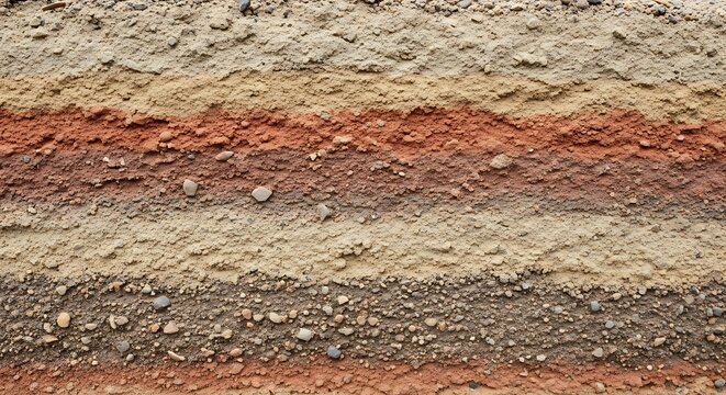 Cross-section of earth showing distinct layers of soil, sand, and gravel with rich colors.