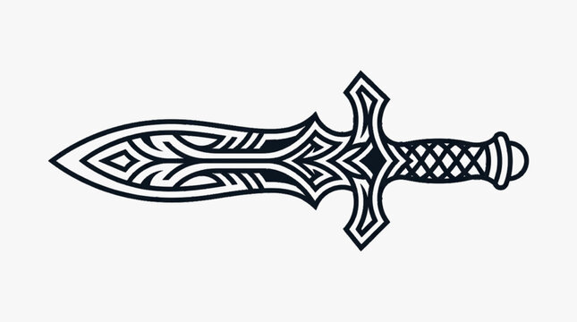 Black and white vector illustration of a fantasy dagger with intricate tribal and ornamental patterns, featuring a symmetrical blade, decorative crossguard, and textured handle.