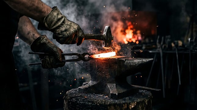 Blacksmith hammering glowing hot metal on an anvil in a dark workshop