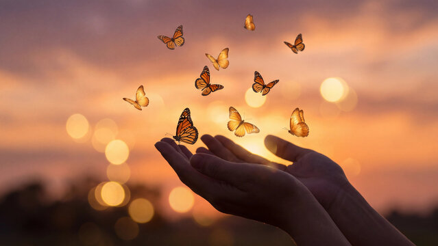 Butterflies fluttering upward from open hands during a warm sunset with golden hour bokeh glow.
