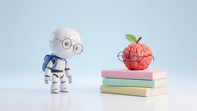 Cute white robot looking at a red brain shaped apple wearing glasses resting on pastel books.