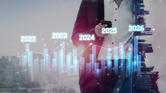 Business bar chart and line graph showing yearly business growth from 2022 to new year 2026, represent data analytics, future 2026 planning, business 2026 trend, and performance analysis 2026 Marrow