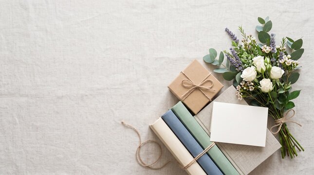 Gift box and bouquet of white roses with books and blank card on linen background