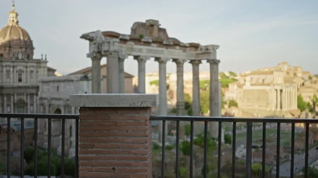 Roman forum ruins in soft bokeh background, shallow focus outdoor with brick pillar and metal rail foreground; backplate copyspace calm.