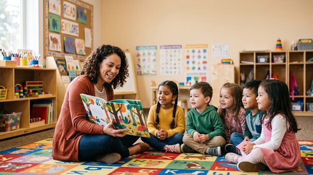 Teacher reading a book to diverse group of young children in classroom
