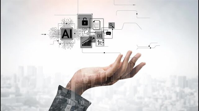 Modern abstract depiction of artificial intelligence concepts with hand gesture, technology icons, and cityscape in the background for innovation imagery Gluon.