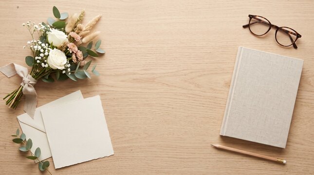 Flat lay of a bouquet of flowers, stationery, glasses and a pencil on a wooden desk