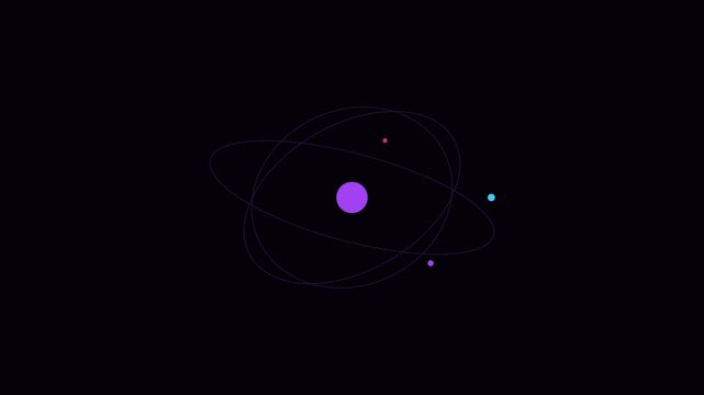 Minimalist atomic structure animation with orbiting particles on dark 4k background, science physics