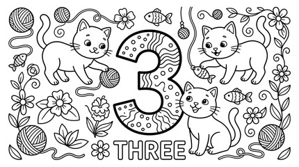 Fototapeta premium Coloring Page Number Three with Cute Kittens and Yarn Balls