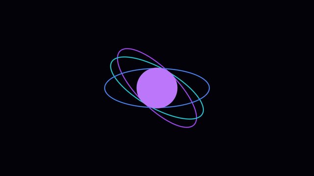 Minimalist atom model animation with rotating orbital rings for science and technology concepts 4k physics