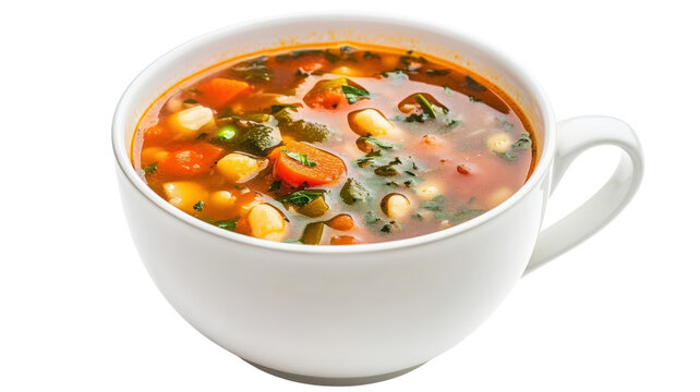 A white ceramic bowl filled with a hearty vegetable soup containing carrots, beans, and fresh green herbs isolated on a black background