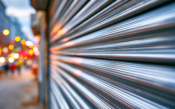Close up of metal rolling shutter on urban storefront at dusk
