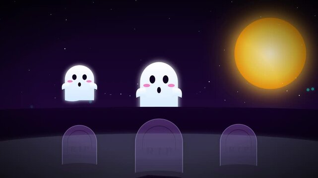 Cute Cartoon Ghost Animation in a Spooky Graveyard at Night