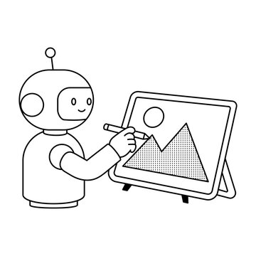 A small robot creates graphics on a digital screen, illustrating generative AI producing visual content through automated creative technology and smart tools.