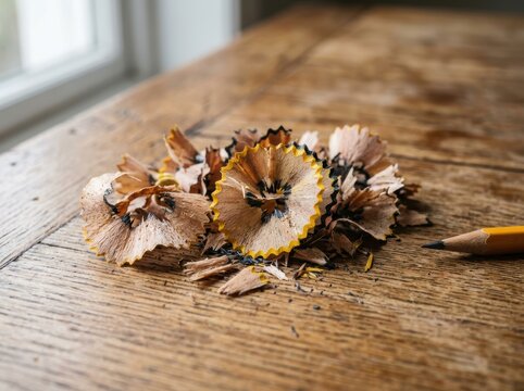 Pencil sharpenings and pencil on rustic wooden table near window