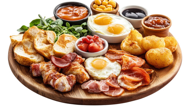 A wooden platter featuring a full english breakfast with fried eggs, bacon, bread slices, potatoes, tomatoes, and small bowls of sauces and corn