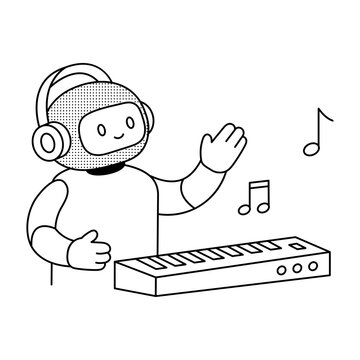 A robot wearing headphones creates music at a keyboard, illustrating AI music through automated composition, sound creation, and intelligent audio tools.