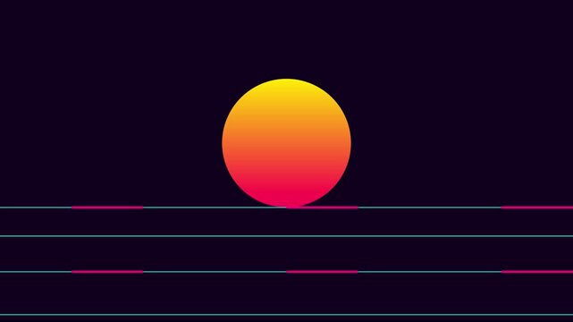 Retro synthwave sun animation with moving neon grid lines for 80s style 4k background