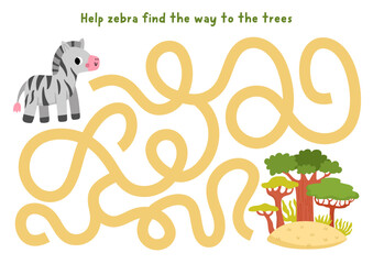 Naklejka premium Safari maze for children with zebra going to acacia and baobab tree forest. Savanna labyrinth game for kids. Savannah printable activity, worksheet with cute African animal. Funny nature page