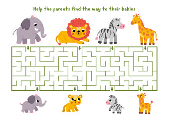 Naklejka premium Safari maze for children with animals parents going to their babies. African savanna labyrinth game. Savannah printable activity, worksheet with cute elephant, lion, giraffe, zebra and children