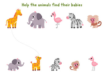 Naklejka premium Savannah matching activity with cute animals and their babies. Safari puzzle with giraffe, elephant, flamingo, zebra, monkey. African savanna match object game with parents and children