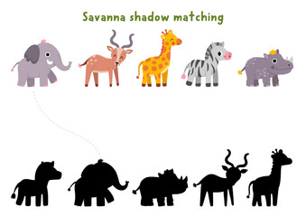 Naklejka premium Savanna shadow matching activity with wild animals. Safari puzzle with elephant, antelope, giraffe. African savannah find correct silhouette printable worksheet, game with zebra, rhinoceros