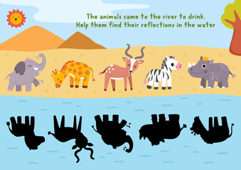 Naklejka premium Savanna shadow matching activity with animals looking for their reflections in water. Safari puzzle with elephant, giraffe, zebra. African savannah find correct silhouette printable worksheet, game