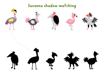 Naklejka premium Savanna shadow matching activity with wild birds. Safari puzzle with ostrich, crowned crane, flamingo. African savannah find correct silhouette printable worksheet, game with secretary bird, marabou